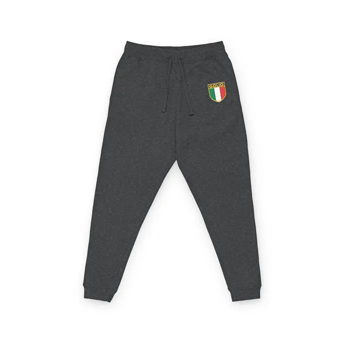 Embroidered Italian Crest Joggers — Cozy Fleece Track Pants