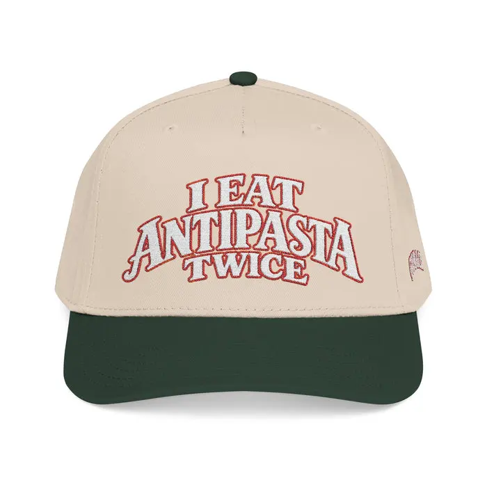 Mid Profile Baseball Cap — "I Eat Antipasta Twice" Embroidered Retro Pizza Hat