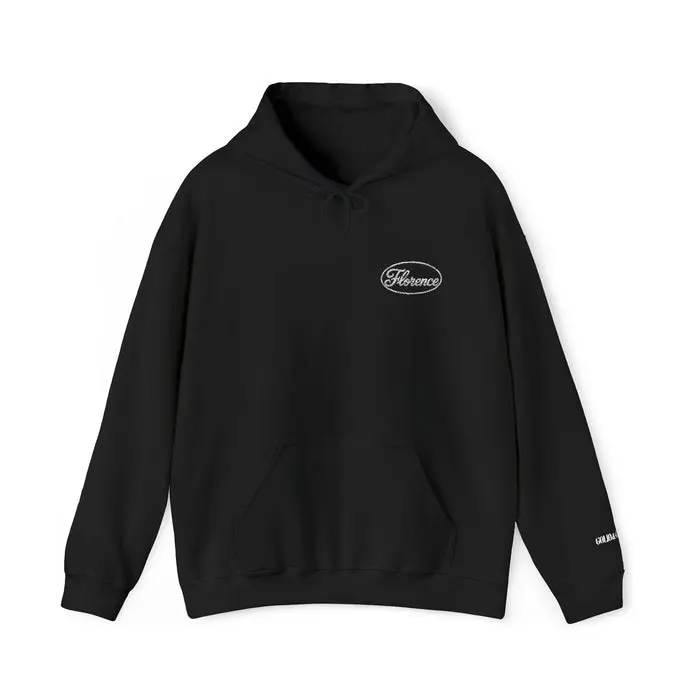 Embroidered Classic Florence Logo Hoodie — Minimal Black Pullover with Small Chest & Sleeve Text
