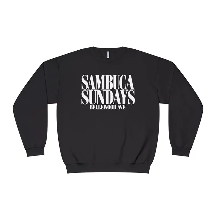 Sambuca Sundays Crewneck Sweatshirt — 'SAMBÚCA SUNDAYS BELLEWOOD AVE.' Graphic Sweatshirt