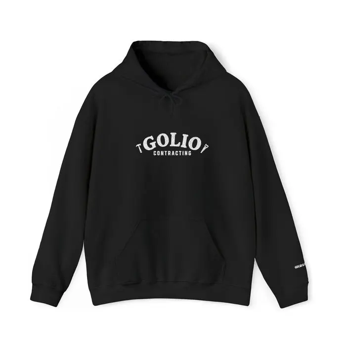 Embroidered Golio Contracting Conversation Hoodie — Black Graphic Logo Pullover
