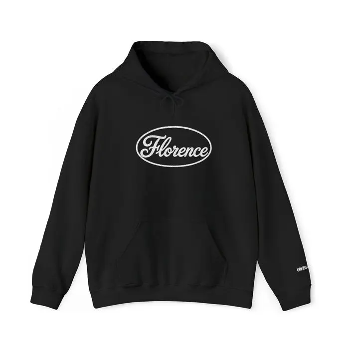 Embroidered Florence Script Hoodie — Vintage Oval Logo Pullover