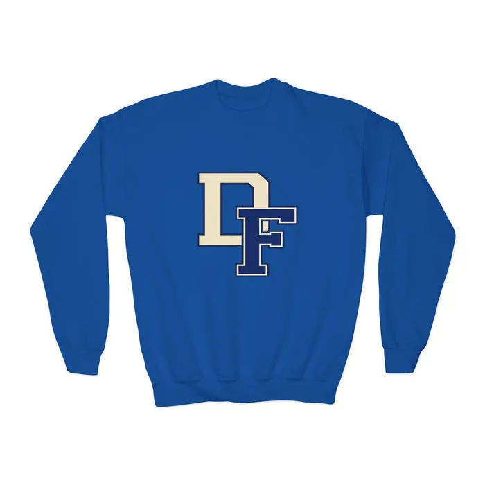 Youth Crewneck Sweatshirt - DF Letterman Patch Logo, Blue School Spirit Pullover