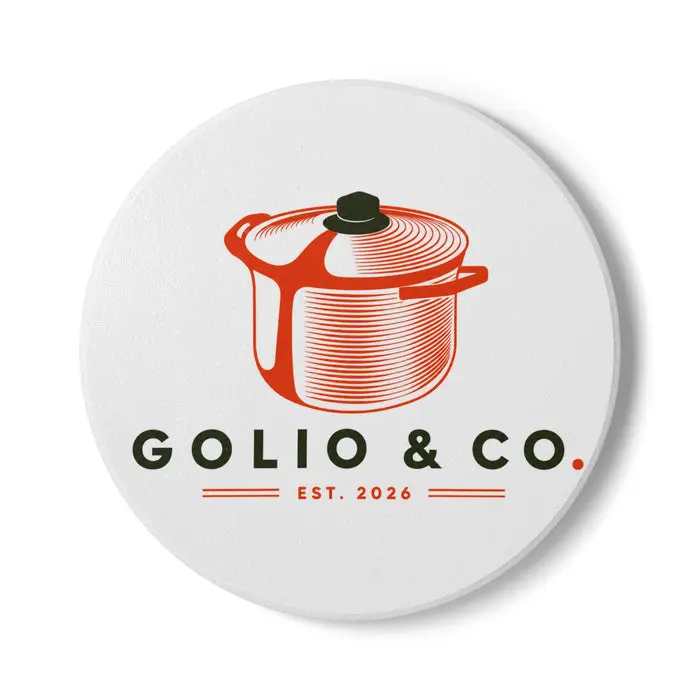 Ceramic Coaster – Vintage Pot & Pan Logo Coaster (Golio & Co. Est. 2026)