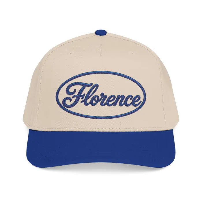 Cream Florence embroidered cap with navy brim and retro script