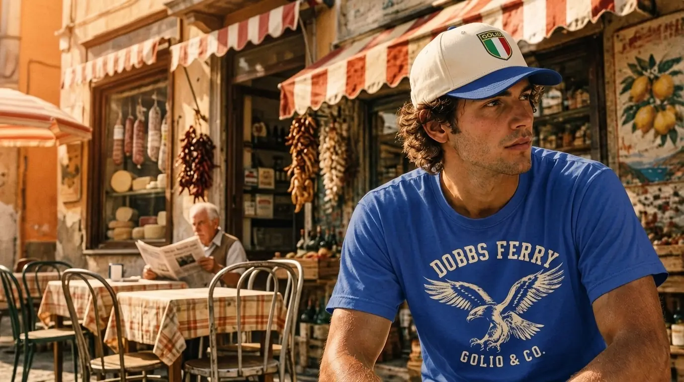 Model wearing the Golio & Co. Dobbs Ferry Eagle graphic tee and Italy Crest baseball cap outside an Italian deli